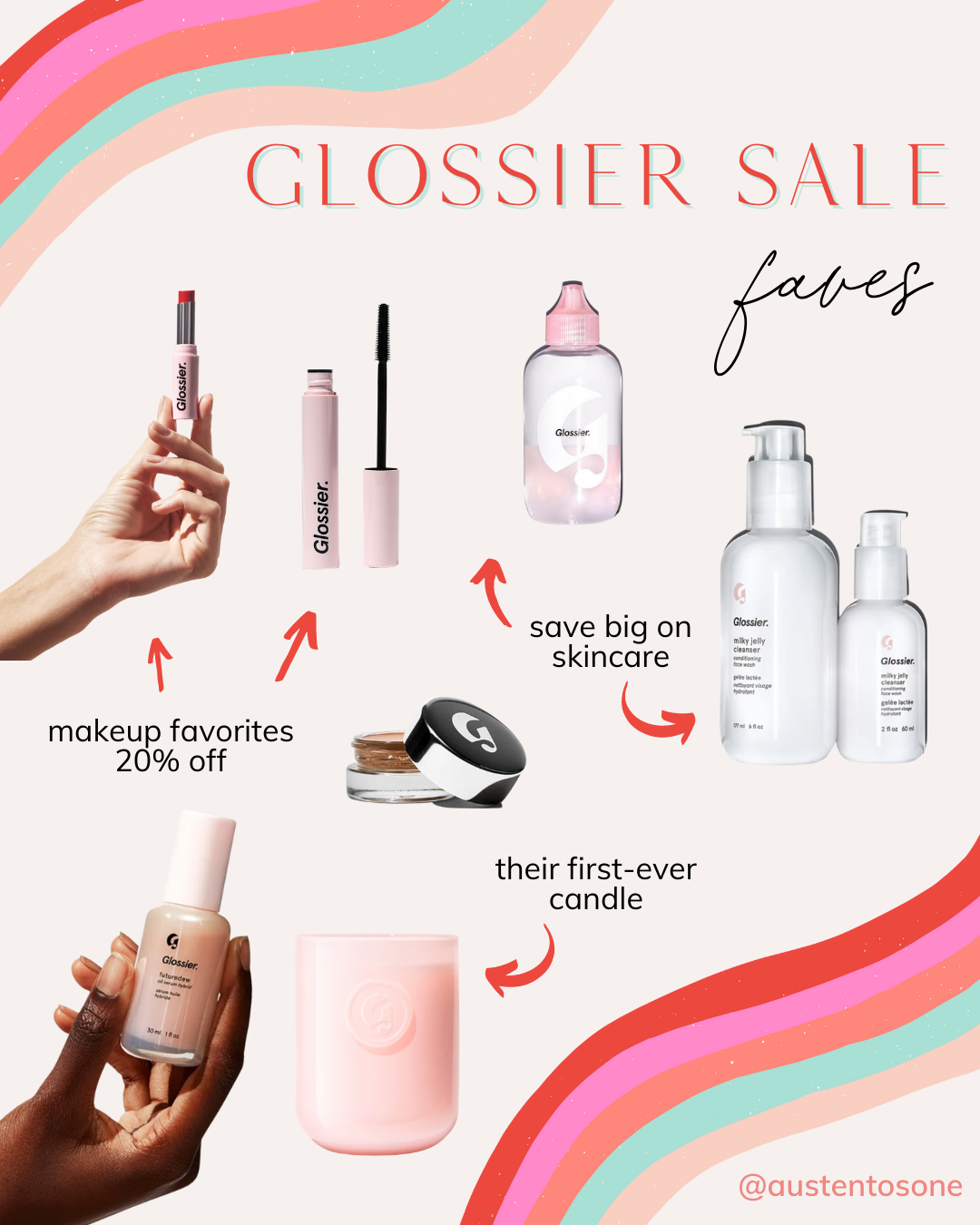 Keep Calm and Chiffon Blogger Austen Tosone shares a collage of products from Glossier from their Cyber Weekend 2022 