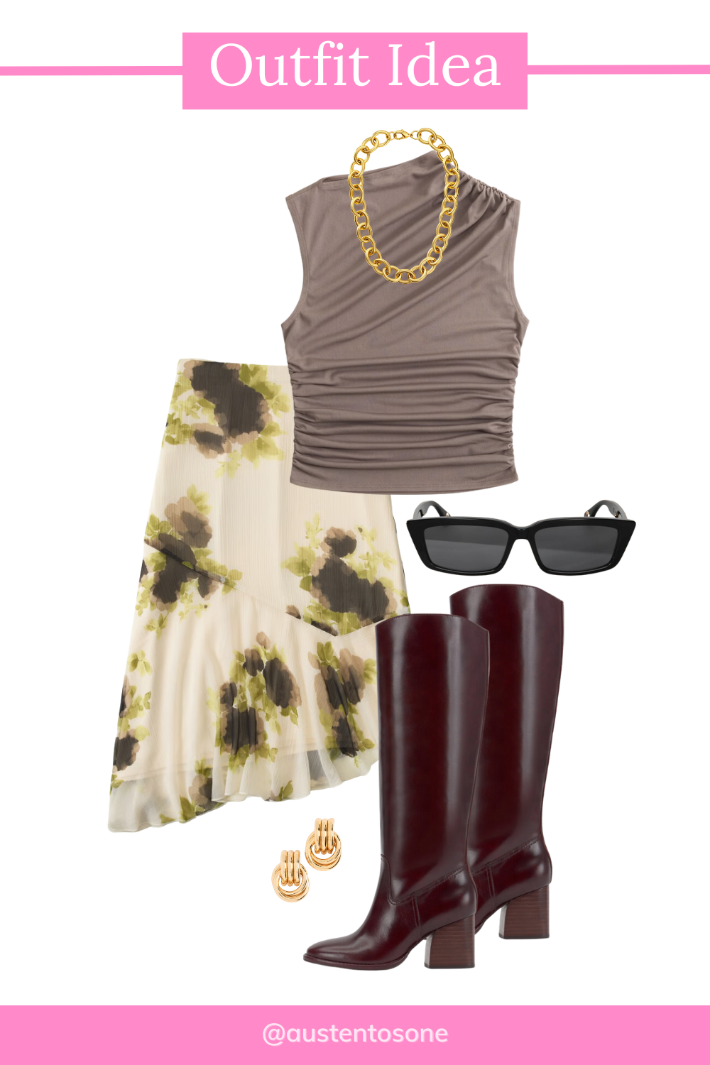 Keep Calm and Chiffon Blogger Austen Tosone shares outfit ideas with a tall boots by wearing it with printed skirt and plain colored top